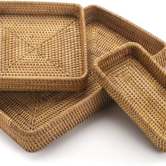 Rattan Serving Tray, Rectangular Woven Tray, Natural Wicker Decorative Serving B - Picture 1 of 9
